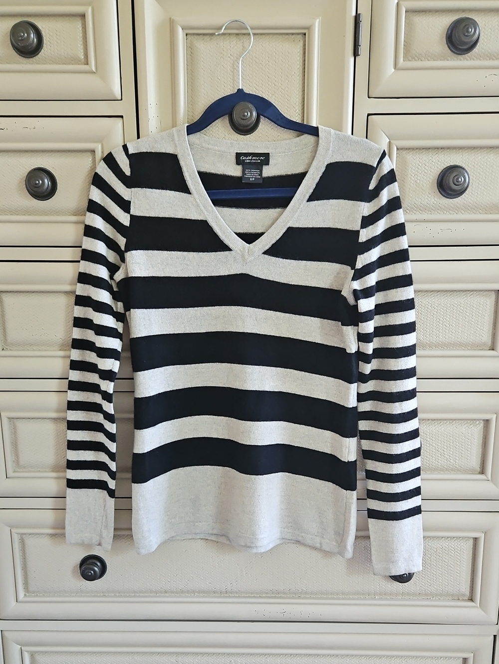 Vintage Lord & Taylor Cashmere Black Gray Striped V-Neck Sweater Sz. S EUC
